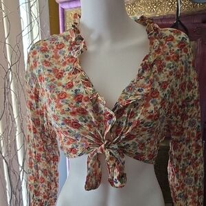 Daniel K Orange Red Ruffled Tie-Front Blouse